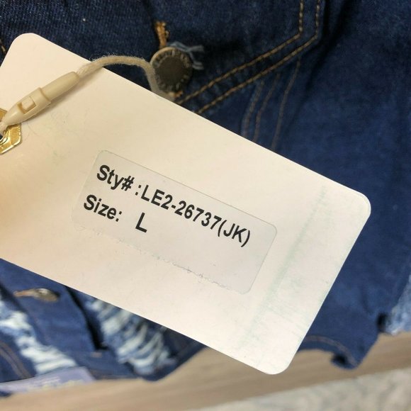 Ella Womens Size Large Dark Blue Distressed Denim Jacket NWT - Picture 5 of 7